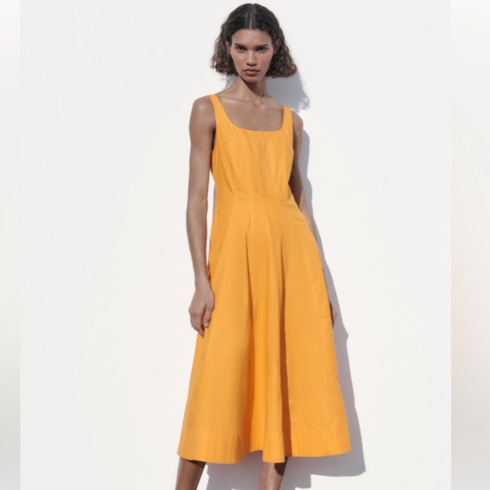 Zara Poplin Yellow Orange Midi Dress in medium